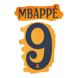 Peut inclure: Un maillot jaune et orange avec un numéro "9" bleu foncé et le nom "MBAPPÉ" dans une bannière blanche.