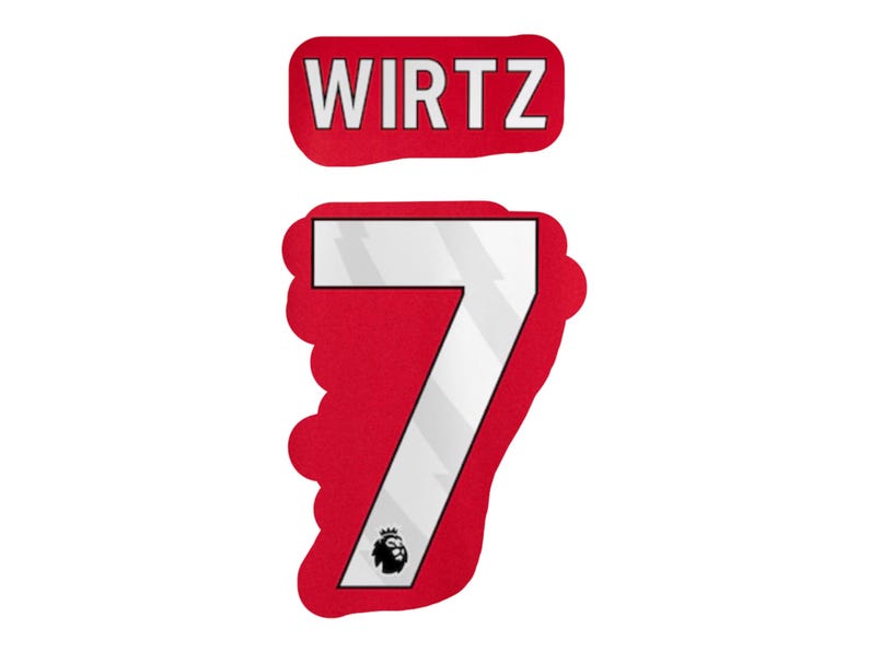 May include: A red and white sticker featuring the name "WIRTZ" above the number "7". The number is white with a silver outline and a Premier League logo at the bottom. The background is red.