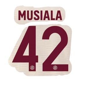 Può includere: Una maglia da calcio bianca e rossa con il nome "Musiala" e il numero "42" sul retro.
