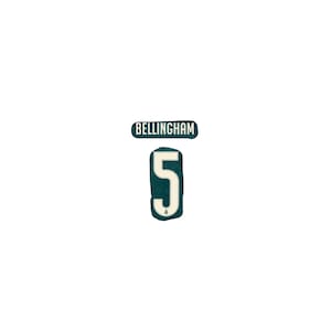 Puede incluir: Un diseño gráfico que presenta el nombre BELLINGHAM en letras mayúsculas blancas dentro de una forma rectangular redondeada de color verde azulado oscuro, sobre un número 5 grande de color blanco con borde verde azulado y textura.