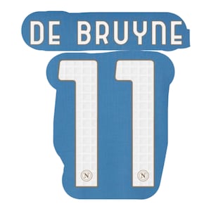 May include: A blue sports jersey graphic featuring the name DE BRUYNE in white block letters above the number 11. The number 11 is white with a subtle grid texture and a small circular N logo at the base of each digit, set against a blue background.