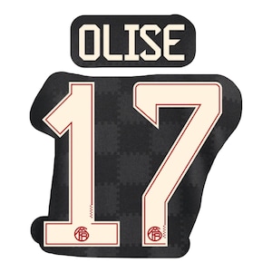 May include: A black and cream-colored jersey patch with the name "OLISE" above the number "17". The numbers and name are outlined in a dark red color. The background has a checkered pattern.