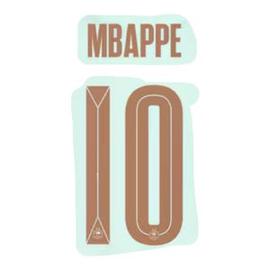 May include: Brown heat transfer vinyl with the name "MBAPPE" and the number "10" for a soccer jersey. The number 10 has a light blue background and a small emblem at the bottom. The name is in a block font.