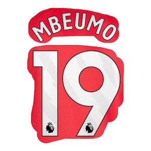 May include: A red graphic with the name "MBEUMO" above the number "19". The number is white with a striped design, set against a red background. The Premier League logo is at the bottom.