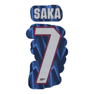 May include: A patch featuring the name "SAKA" above the number "7". The number is white with a red outline, set against a blue and white patterned background. The patch has a wavy edge.