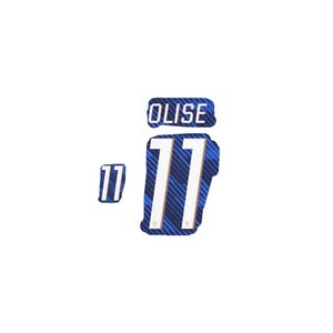 May include: A set of blue and white soccer jersey numbers and nameplate. The nameplate reads "OLISE" in white text. The number "11" is displayed in white with a brown outline. The jersey numbers and nameplate have a blue and white diagonal stripe pattern.