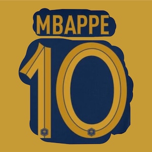 May include: A blue and gold jersey with the number 10 and the name "MBAPPE" printed on it.
