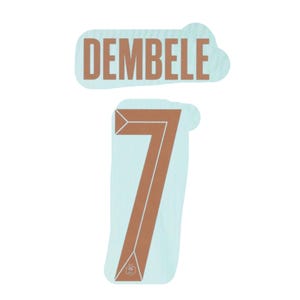 May include: A light blue sticker set featuring the name "DEMBELE" in brown block letters above the number "7". The number 7 is brown with a light blue outline and a small emblem at the bottom.