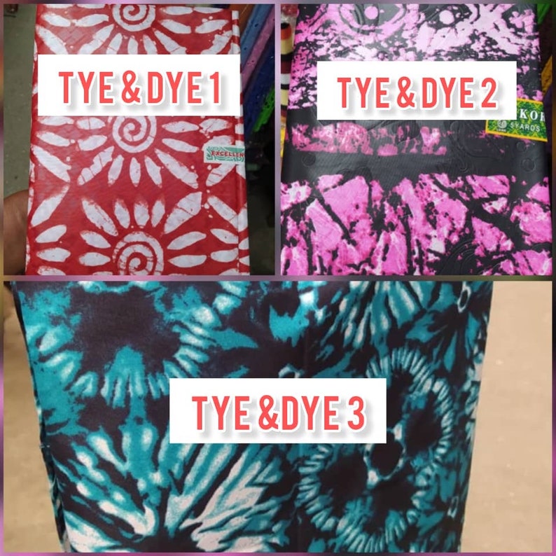 May include: Three different fabric swatches with tie-dye patterns. The first swatch is red with white circular designs. The second swatch is black with pink and white designs. The third swatch is black with teal and white designs. Each swatch has the text "TYE & DYE" followed by a number.