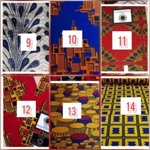 May include: A collage of ten different fabric patterns, each with a number from 9 to 14. The patterns include geometric shapes, floral designs, and abstract patterns in various colors, including red, blue, yellow, and white.