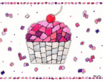 original patchwork cupcake watercolor painting 7x10
