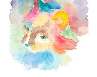 watercolor giclee print of a cat of many colors