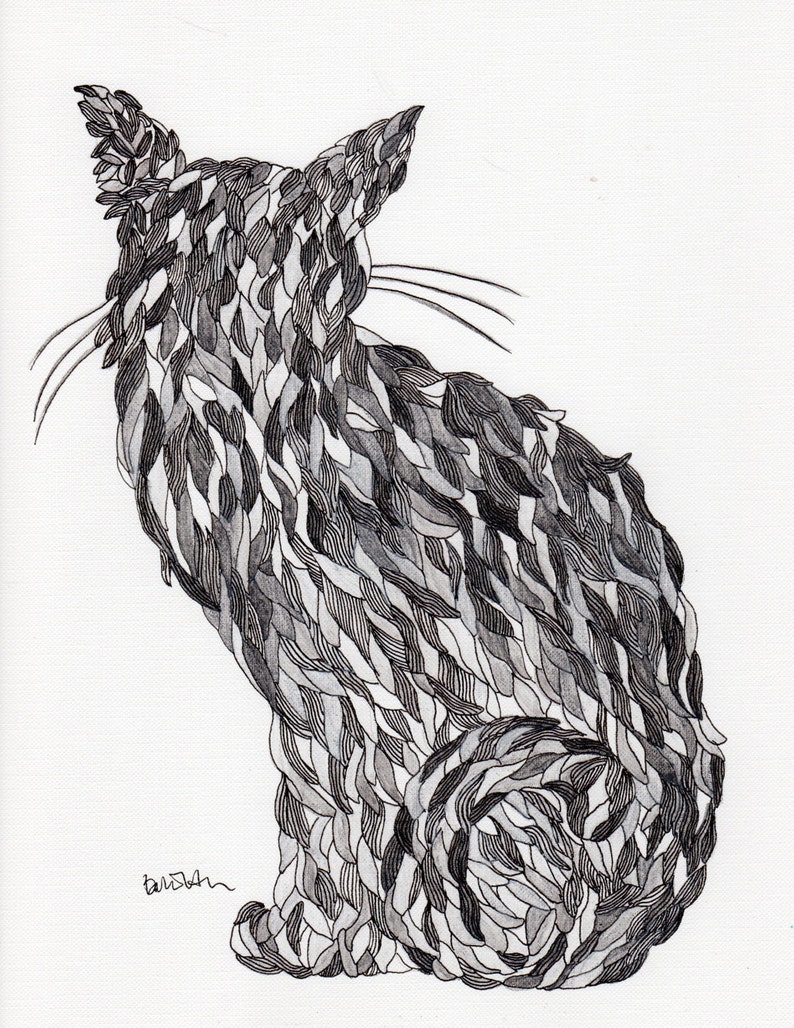 abyssinian cat silhouette original drawing watercolor, pen & ink image 1