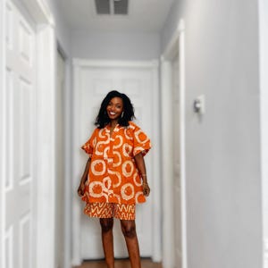 Adire Batik 2 Piece Short Set | Handmade African Summer Outfit, Relaxed Fit Matching Set Orange