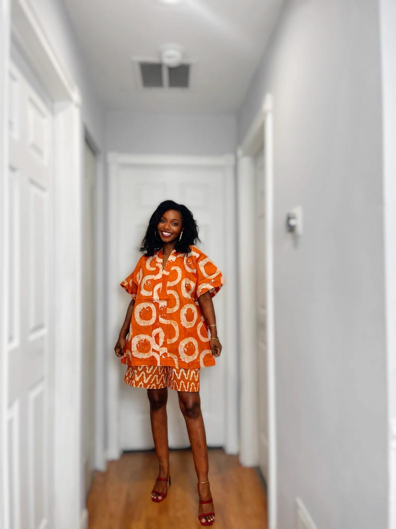 Adire Batik 2 Piece Short Set | Handmade African Summer Outfit, Relaxed Fit Matching Set Orange