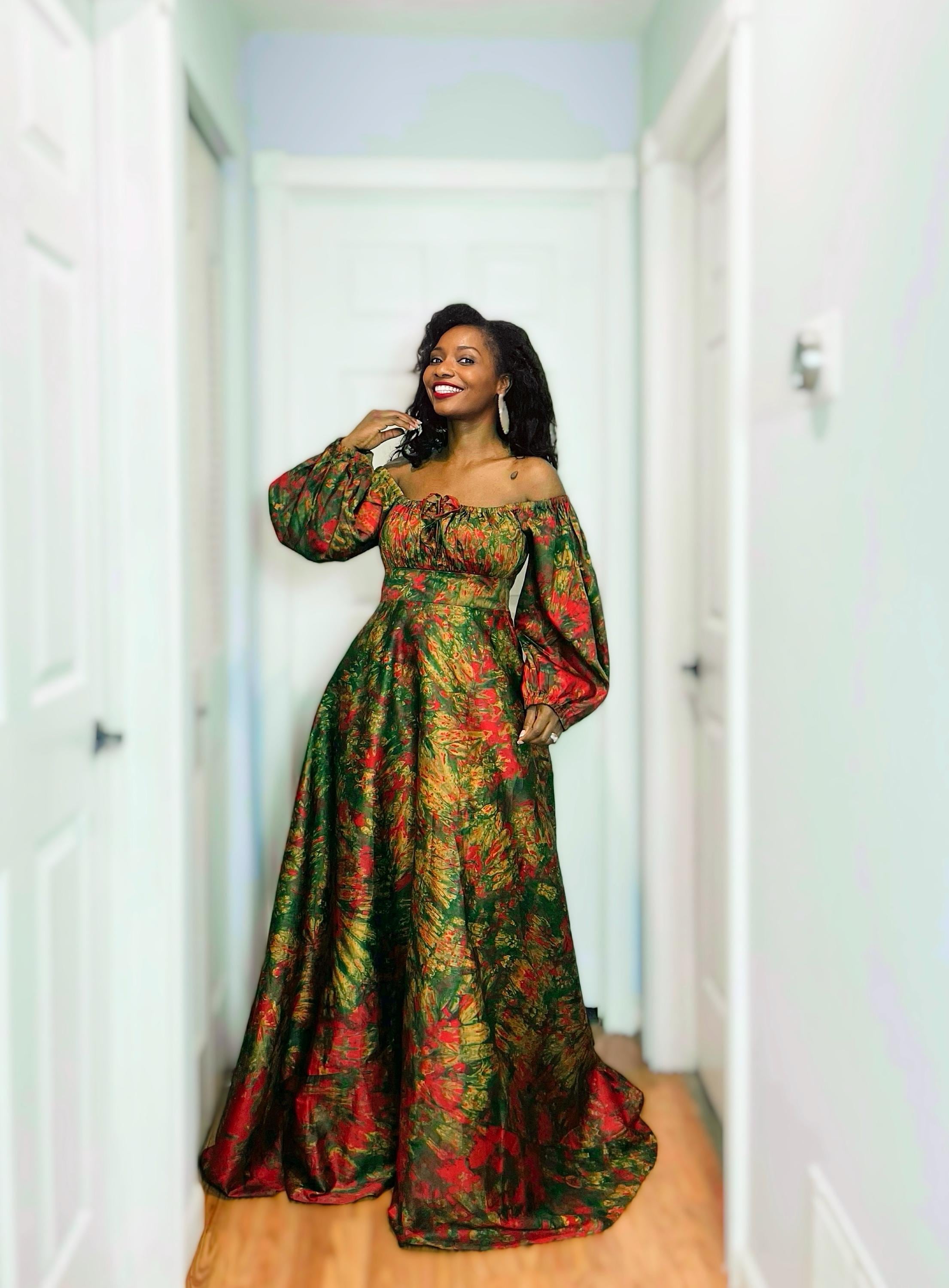 Handmade Adire Maxi Dress | African Print Off-shoulder Evening