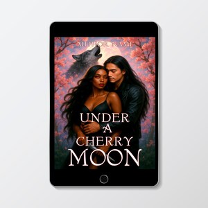 May include: Book cover featuring a couple embracing under a cherry blossom tree with a wolf howling in the background. The title "Under a Cherry Moon" is written in white text.