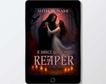 Puede incluir: Una portada de libro con un fondo oscuro que presenta una figura esquelética con una túnica negra bailando con una mujer con un vestido blanco. El texto de la portada dice "A Dance With The Reaper".