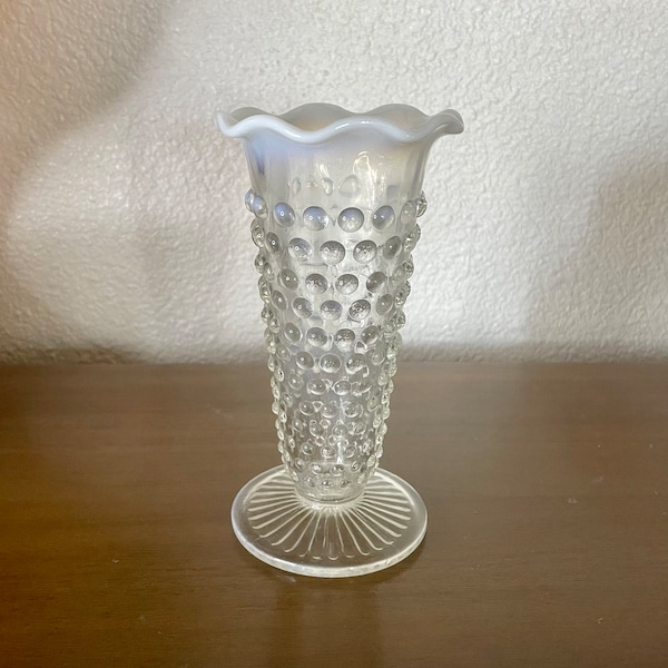 Clear & Opalescent Moonstone Glass Hobnail Vase