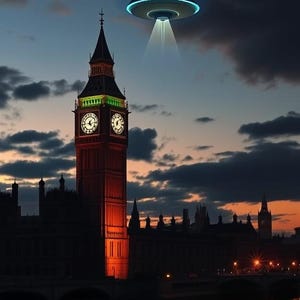 May include: A UFO hovers over Big Ben, the iconic clock tower in London, England. The sky is dark with clouds and the city lights are visible in the distance.