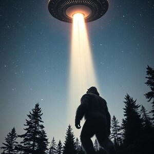 Bigfoot Meets UFO Digital Artwork - Cryptic Sci-Fi Wall Art, Instant Download