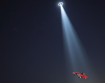 Car Getting Beamed Up by a UFO Digital Art Sci-Fi Printable Wall Decor Instant Download
