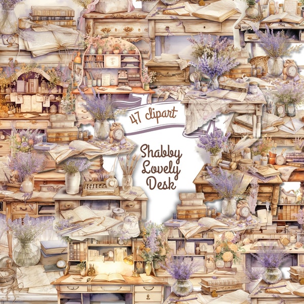 Shabby Chic Retro Desk Clipart Bundle- 32 watercolor clipart png - Rustic Home, Crafting, Journaling, Scrapbook, Digital Download, lavender