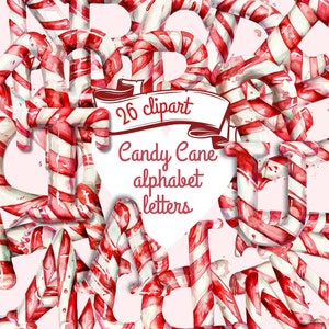 Candy Cane Christmas alfabeto clipart, fuente digital rayada roja y blanca con letras, para uso comercial, imágenes prediseñadas de caramelos, cartas de amor
