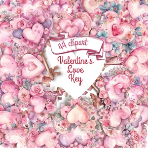 Valentinstag Liebe Schlüssel Aquarell Clipart Bundle, rosa 44 PNG schönes Bild, süße Grafiken, Liebe Clipart digitaler Download, kommerzielle Nutzung