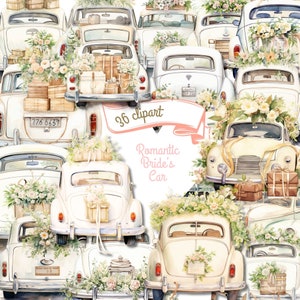 Aquarelle clipart voiture de la mariée mariage romantique, Just Married PNG, impressions de voiture Just Married, sublimation de mariage, conception de carte de mariage