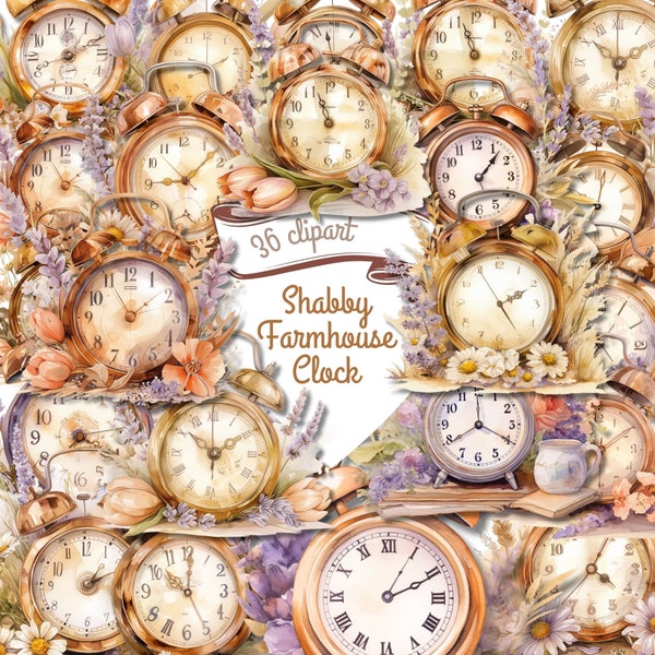 Shabby Chic Farmhouse Clock Clipart Bundle- 36 watercolor clipart png - Rustic Home, Crafting, Journaling, Scrapbook, Digital Download, cozy