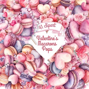 Valentinstag Macarons Pops Aquarell Clipart Bundle, 41 PNG schönes Bild, süße Grafiken, Liebe Clipart digitaler Download, kommerzielle Nutzung
