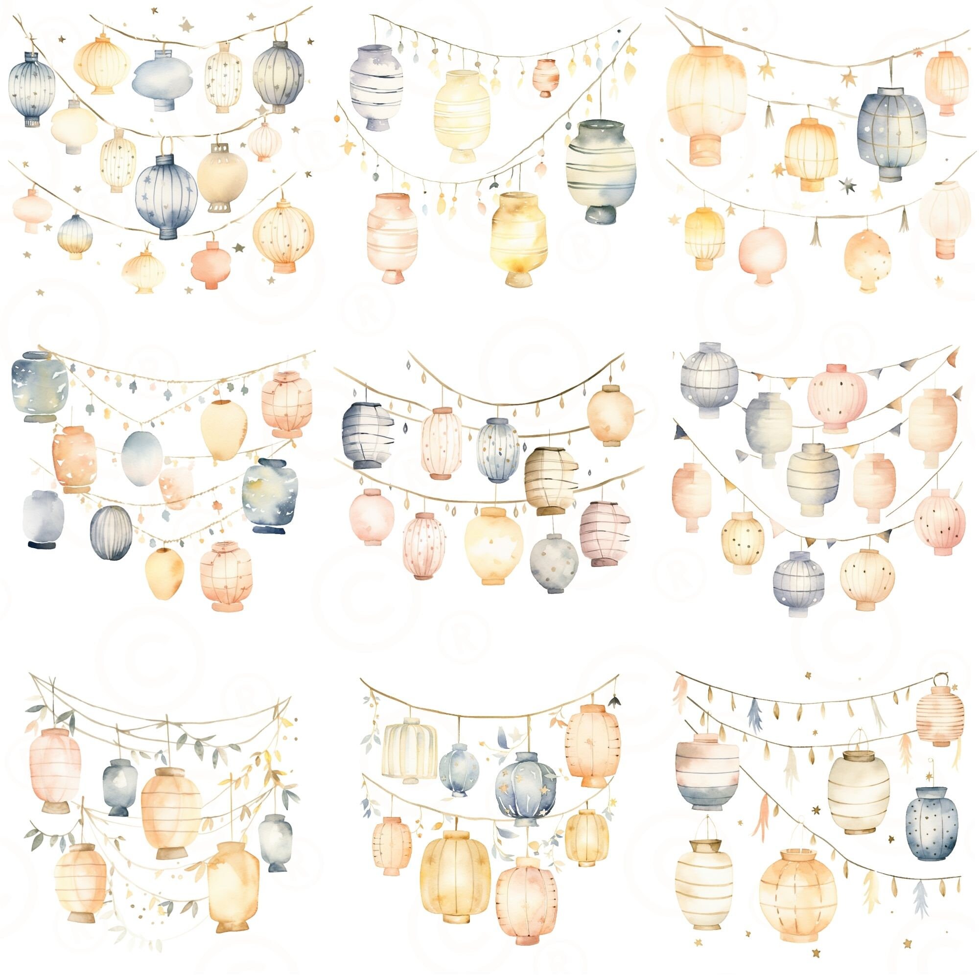 Watercolor Paper Lanterns Clipart Bundle- 30 Watercolor Clipart ...