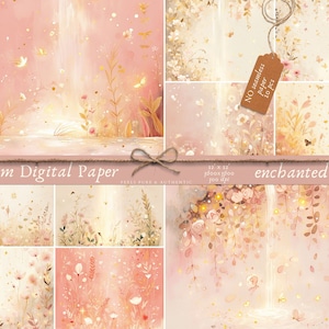 Scrapbooking Digital Paper Pink Enchanted Pond Bundle, Magical Fairy Nature Landscape, 10 paper, Junk Journal Scrapbook, fairy lights paper