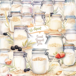 Watercolor Sweet Yogurt Jars Clipart - 50 png clipart, breakfast png, joghurt clipart, Digital Download, Commercial Use, cozy clipart Bundle