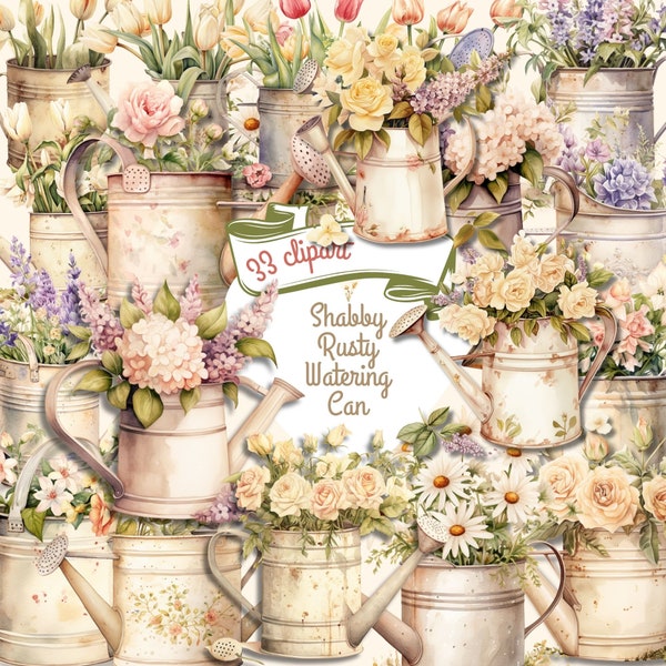 Shabby Rusty Flowers Watering Can Clipart Bundle- 33 watercolor clipart png, Rustic Home, Crafting, Journaling, Scrapbook, Digital Download