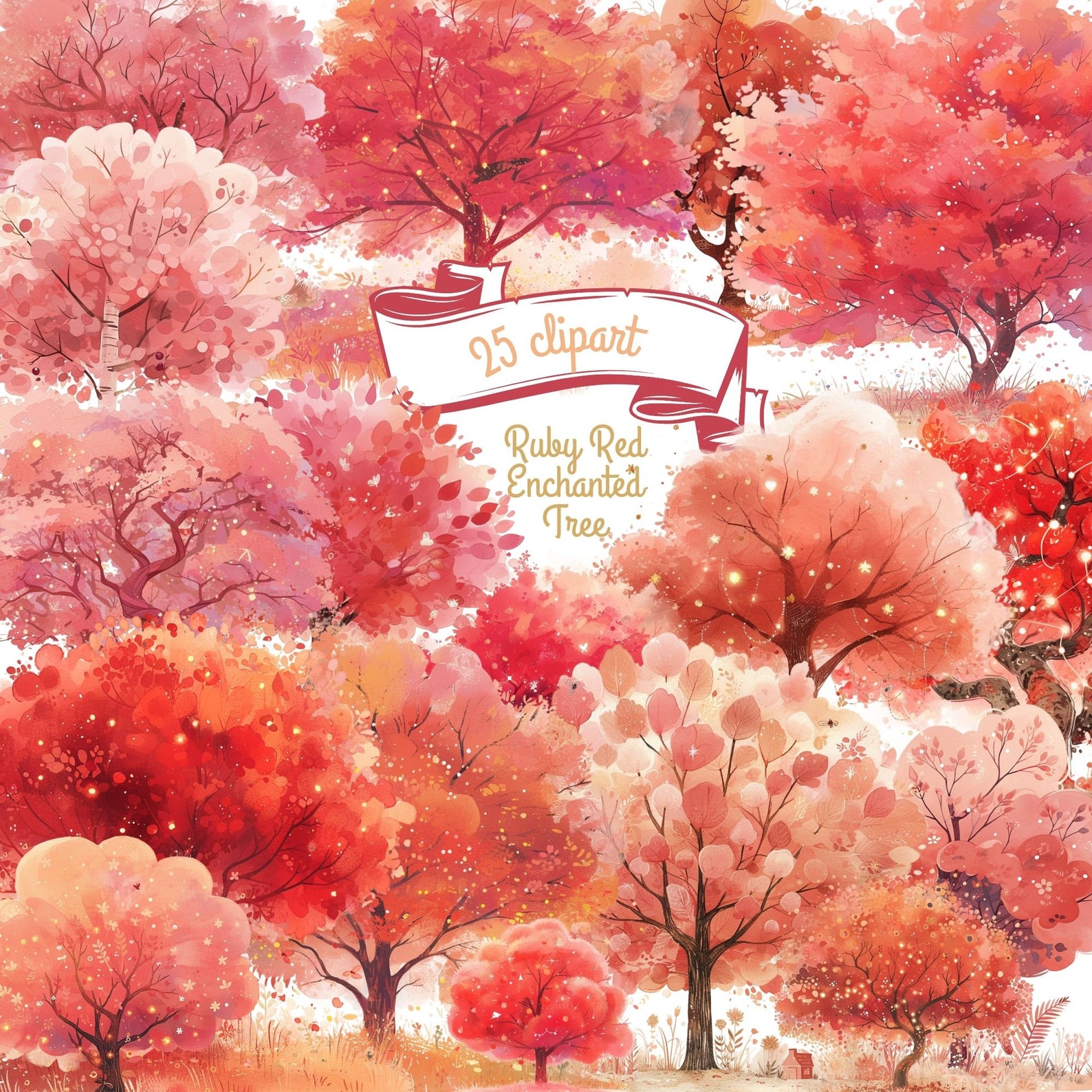 Enchanted Forest Ruby Red Tree Clipart, Watercolor Fairy Tree ...