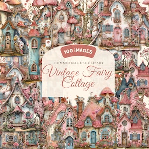 Vintage Fairy Cottage Clipart Bundle- 100 PNG fairyland Images, fairy house Graphics, Instant Digital Download, Commercial Use, clipart