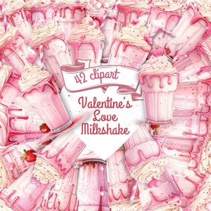 Valentinstag Liebe Milchshake Aquarell Clipart Bundle, 42 PNG schönes Bild, Clipart Digital Download, kommerzielle Nutzung, Romantik Grafiken