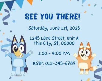 Invitation fête d'anniversaire animée modifiable garçon, anniversaire Bluey, invitation vidéo Bluey, Invitation tout-petit, Invitation de bingo Bluey