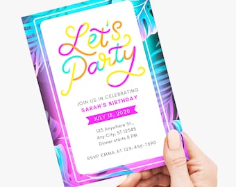Invitation de fête néon modifiable, invitation modifiable sur toile, numérique ou imprimée