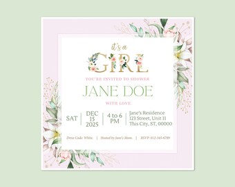 Faire-part de shower de bébé modifiable, faire-part de shower de bébé fille, faire-part de shower de bébé fille