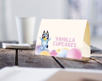 Plaques de menu Girl-Bluey, modifiables, 3,5 x 2 po. une fois pliées