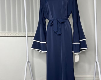 Navy Blue Maxi Piping Detail Flute Sleeved Dress