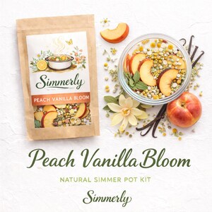 May include: A kraft paper pouch and a glass bowl filled with peach slices, vanilla beans, and dried botanicals. The pouch is labeled "Simmerly Peach Vanilla Bloom" with a floral illustration. A fresh peach and a flower are also present.