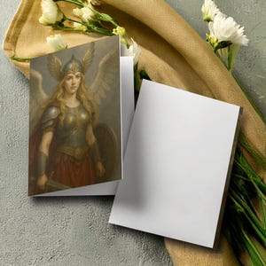 Tarjeta de felicitación de valquiria, postal nórdica, tarjeta de guerrero alado, tarjeta de arte mítico, ilustración de fantasía, tarjeta de mujer angelical, espada y