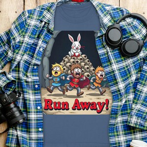面白い漫画騎士のTシャツ、ウサギと一緒に走る騎士、ユニークなグラフィックTシャツ、ゲーマーへのギフト、かわいい漫画デザイン、冒険ユーモア