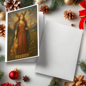 Karta z pozdrowieniami Freya, pocztówka z nordycką boginią, karta z rysunkiem kota, karta z rysunkiem mitologicznym, karta z rysunkiem ptaka, karta z pozdrowieniami i pocztówka z grafiką fantasy