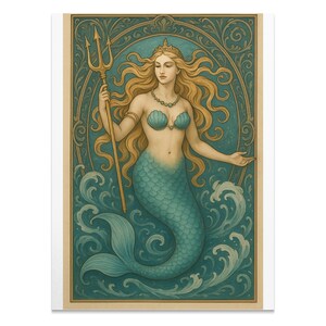 Póster de diosa sirena, arte oceánico verde azulado, impresión de reina del mar, decoración de pared de fantasía, arte mítico submarino, regalo para amantes del océano