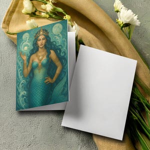 Tarjeta de felicitación de diosa sirena, postal de diosa, tarjeta de arte de sirena, tarjeta de reina del océano, tarjeta de fantasía, tarjeta de felicitación mítica, arte de diosa del mar